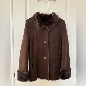 Brown Sherling Fur Trimmed Women's Coat